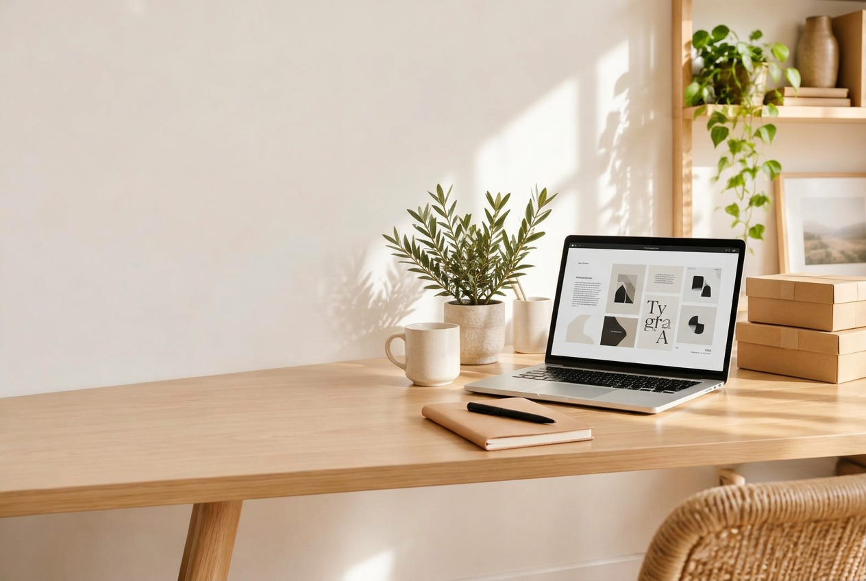 Un espace de travail lumineux avec un ordinateur portable, un carnet et des colis